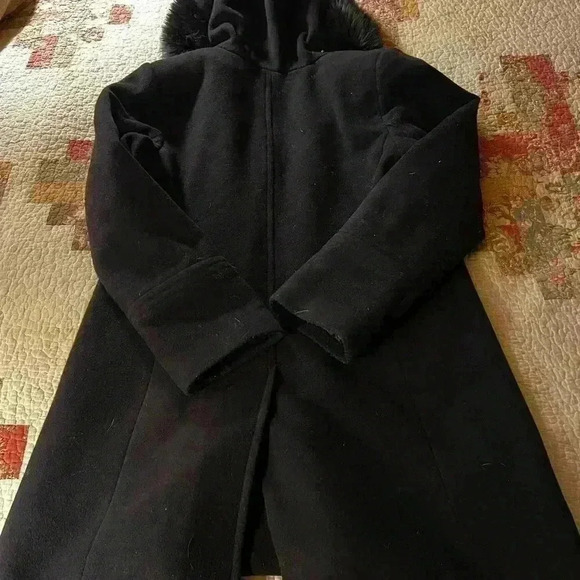 Fleet Street Wool Coat, Faux Fur Hood Trim, Pockets Womens Sz M - Picture 6 of 8